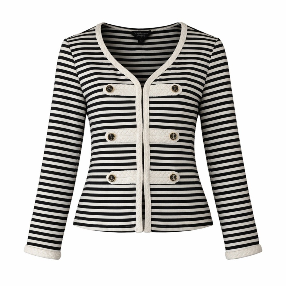 Katherine New York Black White Stripe Anchor Nautical Long Sleeve Blazer Size XL